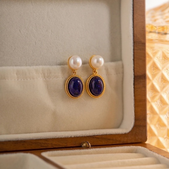 18K Gold Plated White Pearl Natural Oval Lapis Stone Earrings - Picture 2 of 7